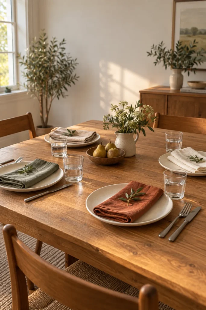 Oak dining table set for four with cream, sage, oatmeal, and rust-colored cloth napkins