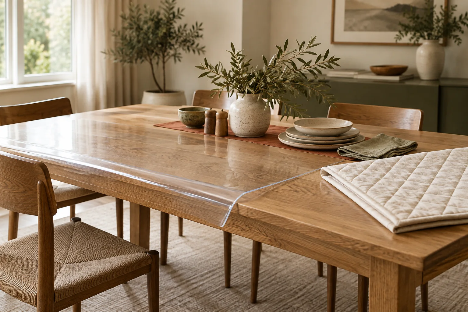 Clear and quilted table protectors arranged on a warm oak dining table with neutral stoneware and olive branches