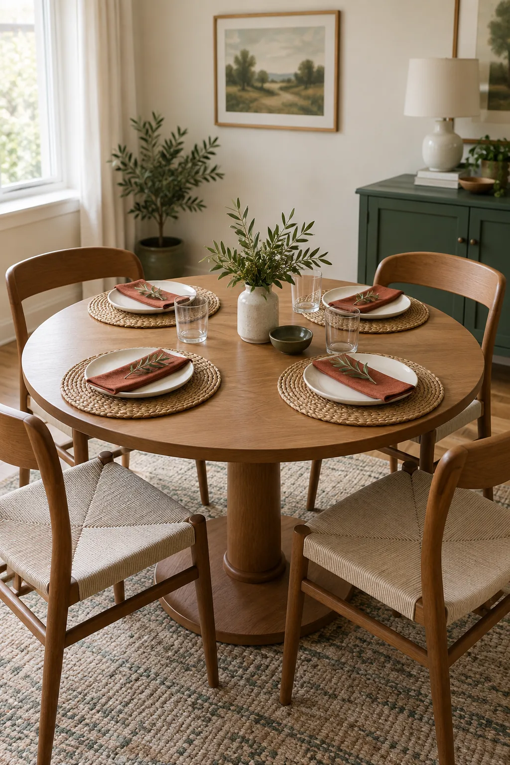 Best placemats for round dining tables arranged on a round oak table with neutral woven mats