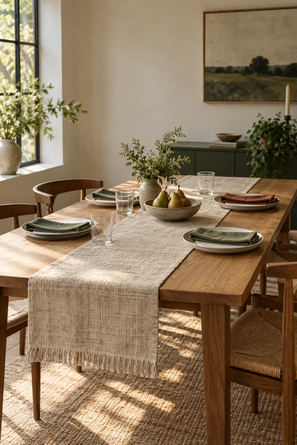 Best table runners for everyday dining on a warm oak table with neutral place settings and cloth napkins