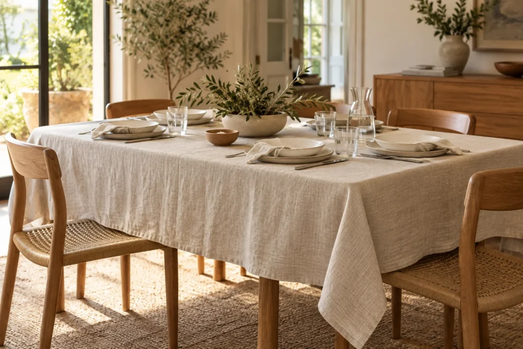 Natural oatmeal tablecloth draped over a warm oak dining table set with neutral stoneware and olive branches