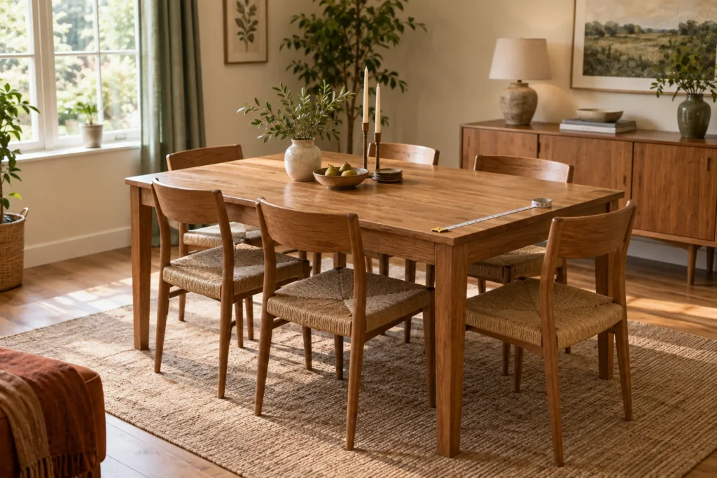 Oak dining table for six being measured in a warm, calm dining room
