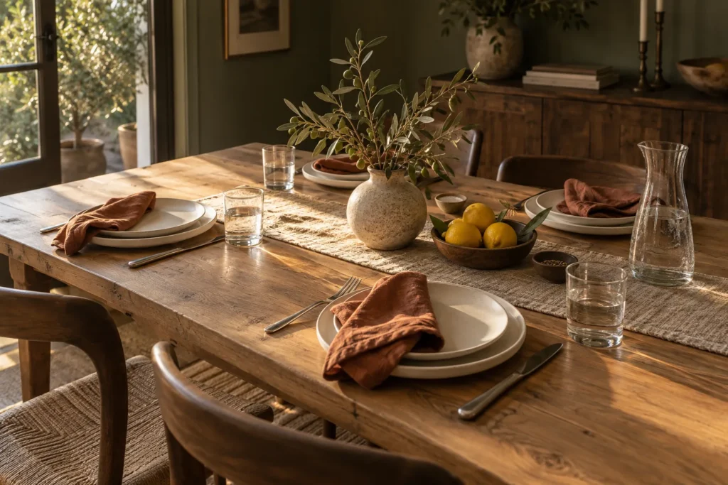 Warm oak dining table set for four with ivory plates and rust-colored linen napkins