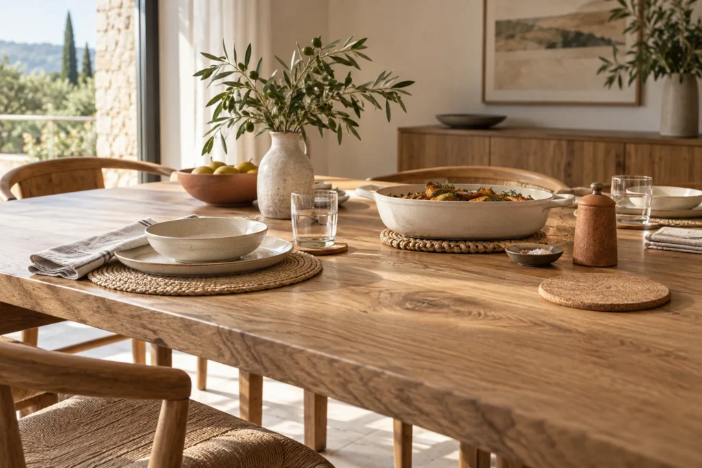 Oak dining table protected with woven placemats, cork coasters and a trivet beneath a warm serving dish