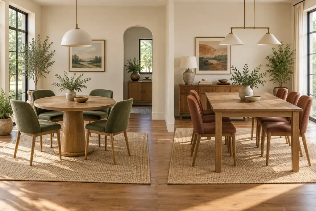 Round pedestal dining table beside a rectangular dining table in warm dining rooms