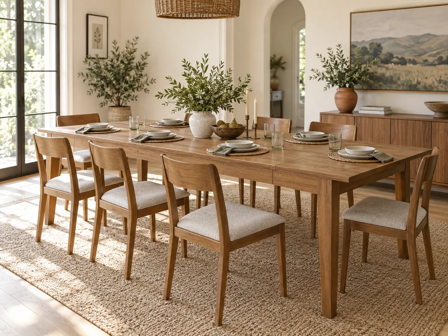 Extended honey-wood dining table arranged for a gathering