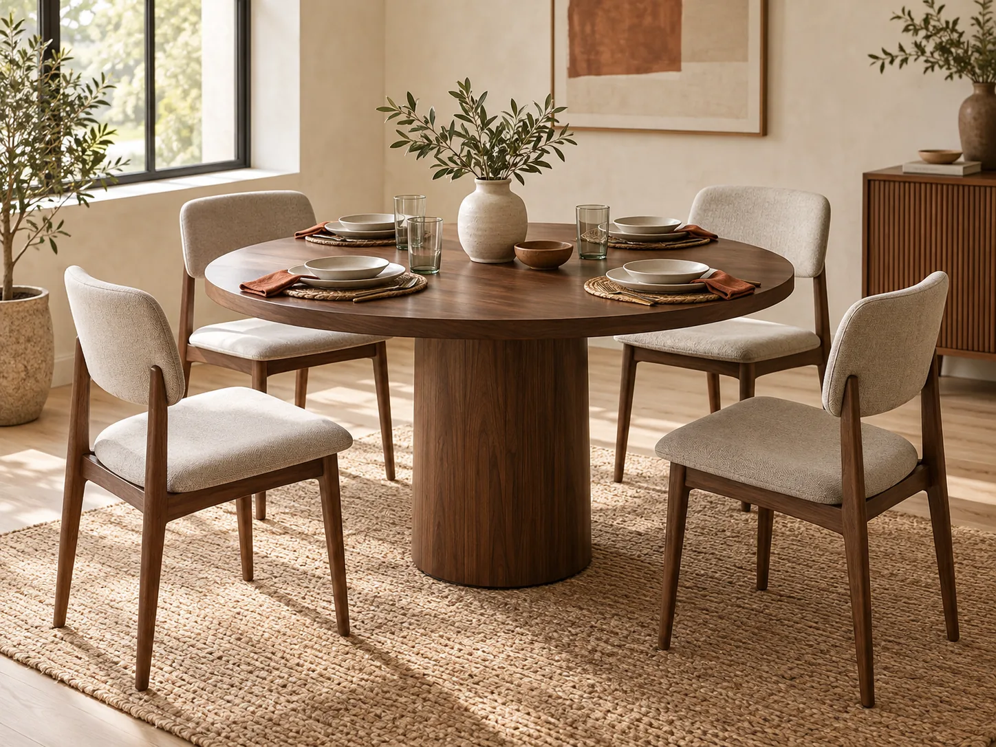Warm brown round pedestal dining table in a softly lit dining room