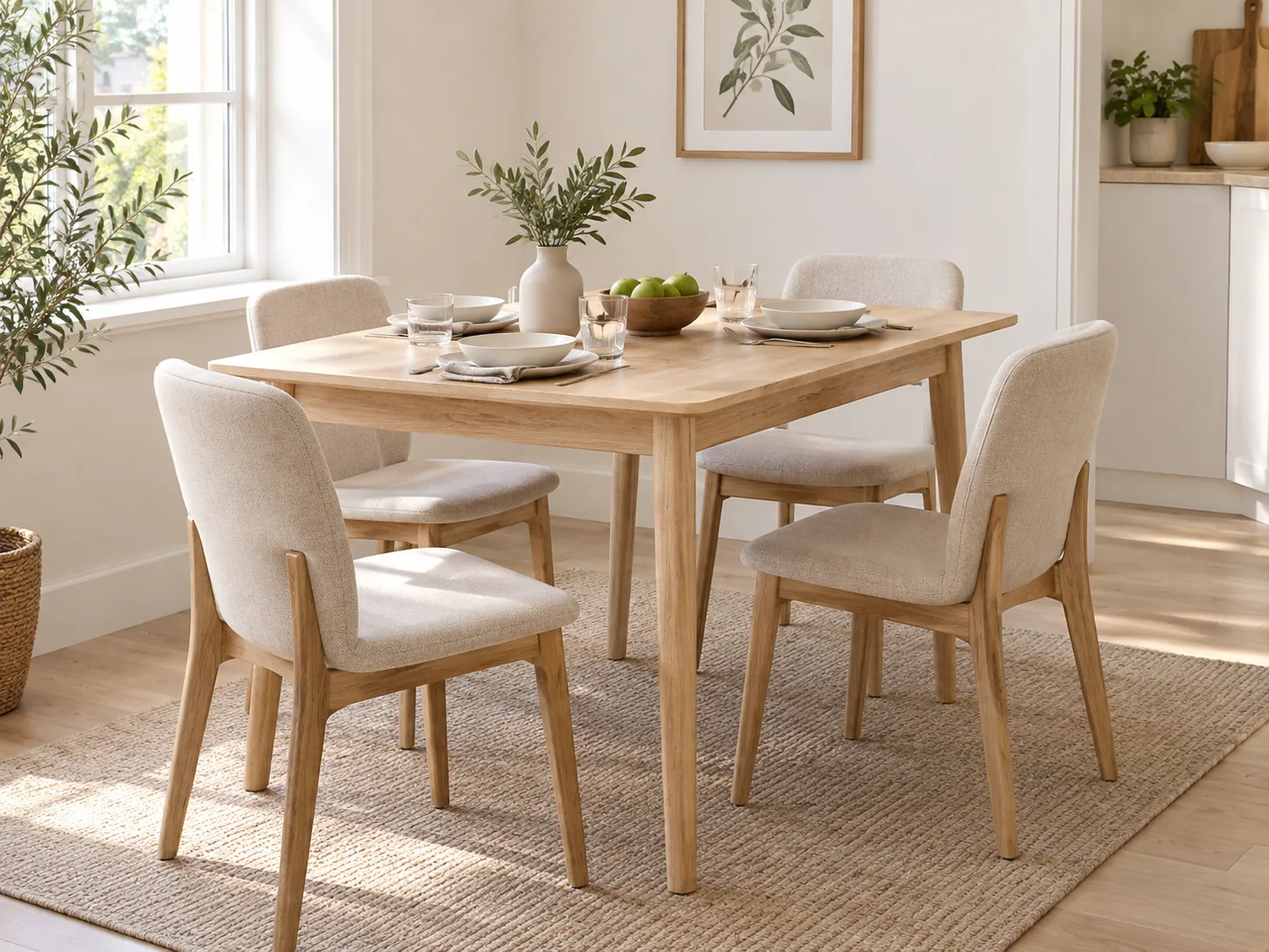 Compact natural-wood dining table arranged with four chairs