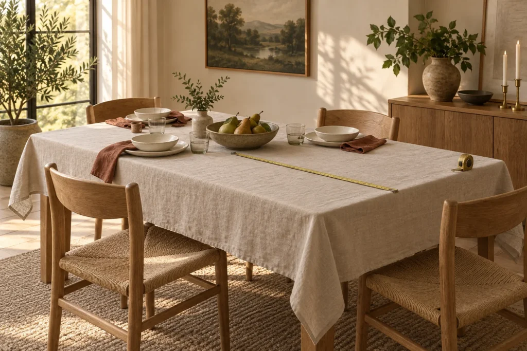Oatmeal linen tablecloth being measured across a warm oak dining table in a neutral dining room