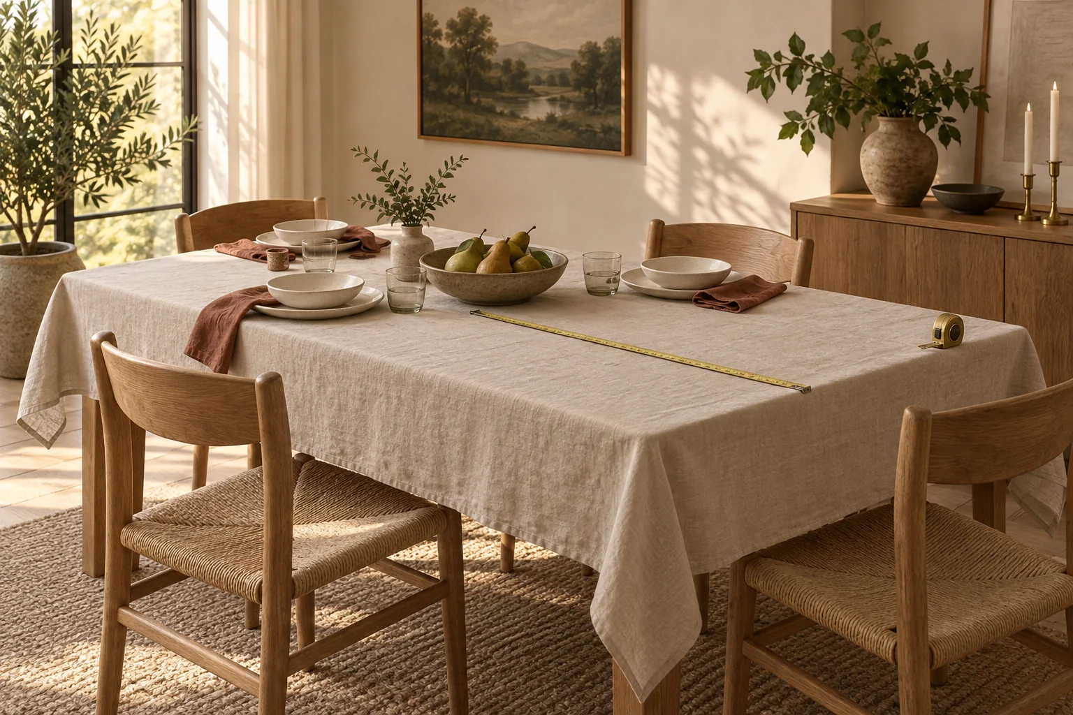 Oatmeal linen tablecloth being measured across a warm oak dining table in a neutral dining room